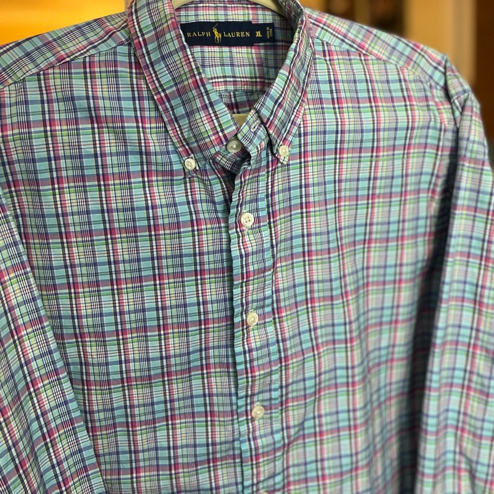 Men’s Ralph Lauren, NO PONY, long sleeve, button up, blue,pink,green plaid shirt